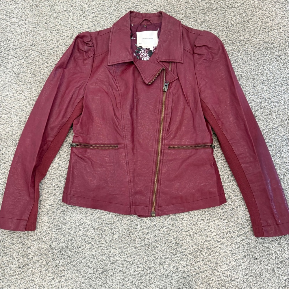 Anthropologie Burgundy Faux Leather Puff Sleeve Moto Jacket Floral Lined Medium